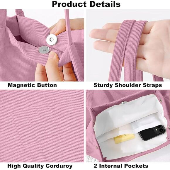 Women Pink Imported Corduroy Small Canvas Shoulder Handy Tote Bag - Picture 4 of 4